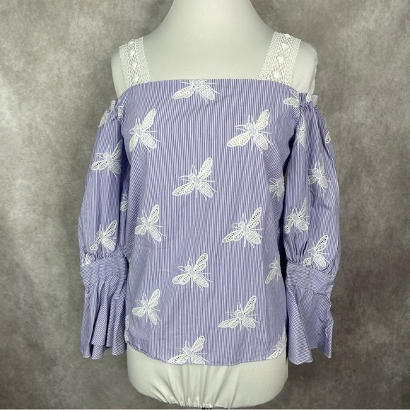 Sandro Ashley Lace Bee Embroidered Motif Cold-Shoulder Top In Blue Size 1/S - Picture 1 of 7